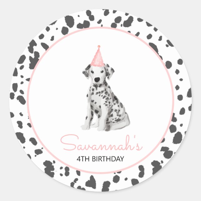 Dalmatian Dog Pink Guest Birthday party favour Classic Round Sticker (Front)