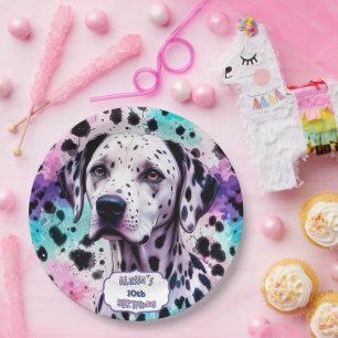 Dalmatian Dog Pink Purple Turquoise Birthday Paper Plate