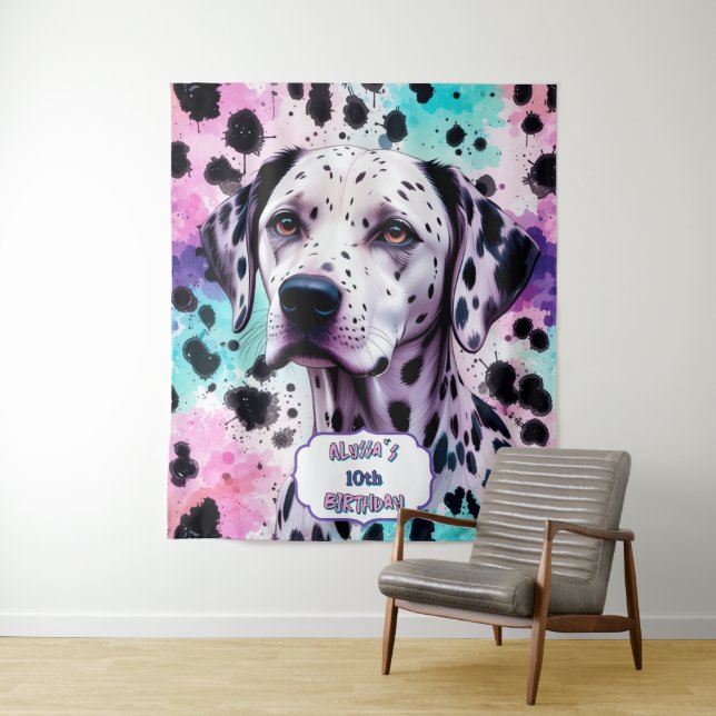 Dalmatian Dog Pink Purple Turquoise Birthday Tapestry (In Situ)