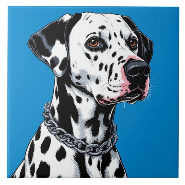 Dalmatian Dog Portrait Against Blue Background Ceramic Tile (Front)