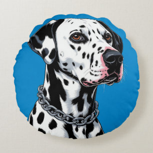 Dalmatian Dog Portrait Against Blue Background Round Cushion