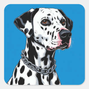 Dalmatian Dog Portrait Against Blue Background Square Sticker