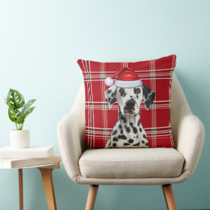 Dalmatian Dog Red Holiday Plaid Christmas Cushion