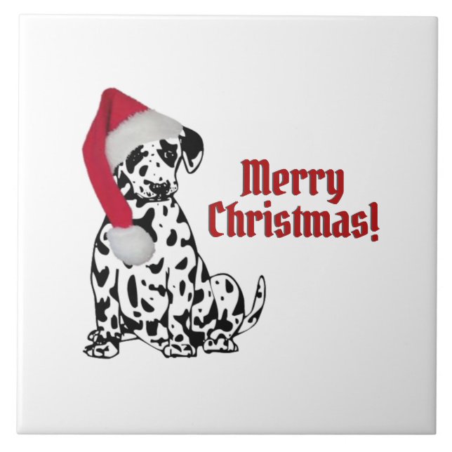 Dalmatian Dog Red Stocking Cap Merry Christmas Ceramic Tile (Front)