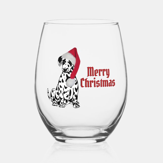 Dalmatian Dog Red Stocking Cap Merry Christmas Stemless Wine Glass (Front)