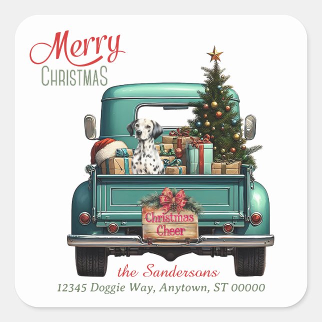 Dalmatian Dog Retro Truck Christmas Square Sticker (Front)