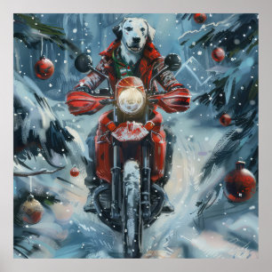 Dalmatian Dog Riding Motorcycle Christmas Poster