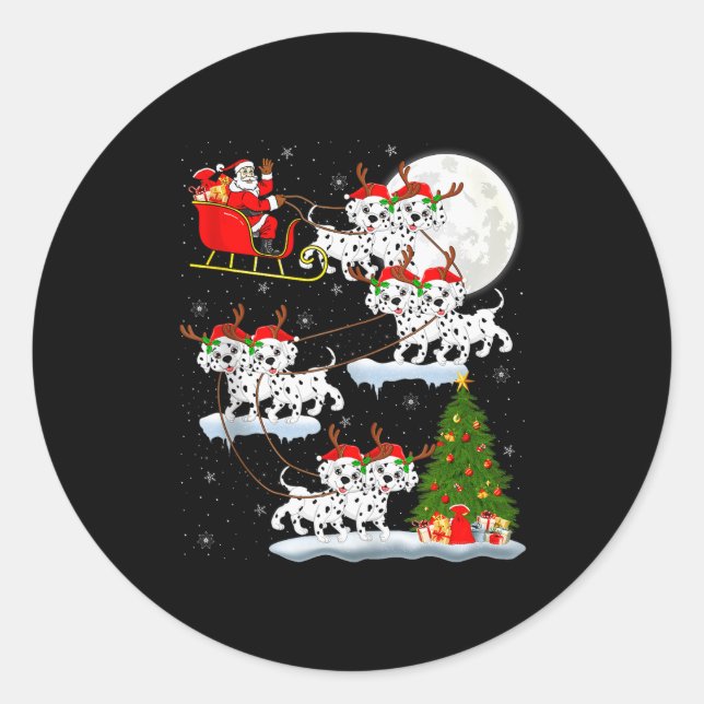 Dalmatian Dog Santa Sleigh Flying Funny Magical Ch Classic Round Sticker (Front)