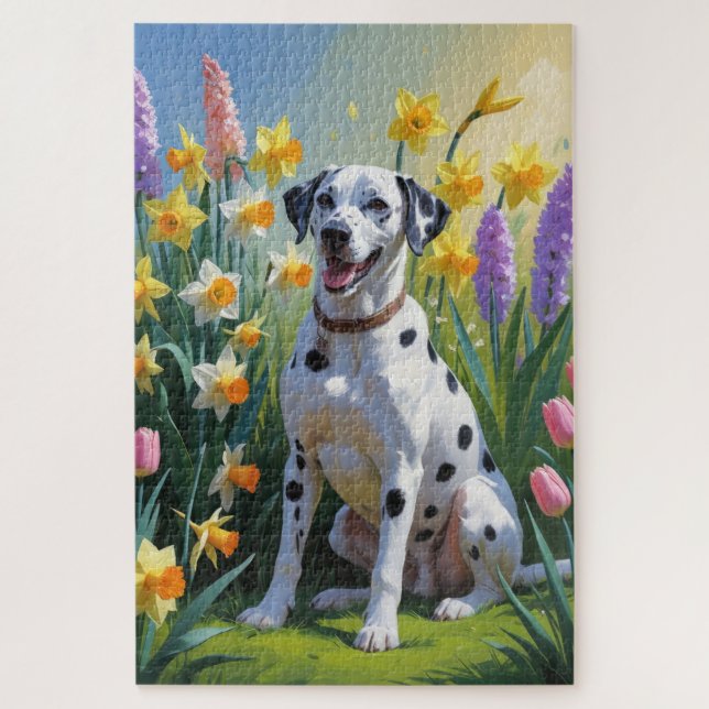 Dalmatian Dog Spring Flowers Painting Jigsaw Puzzle (Vertical)