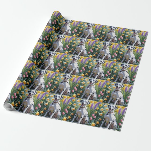 Dalmatian Dog Spring Flowers Painting Wrapping Paper (Unrolled)