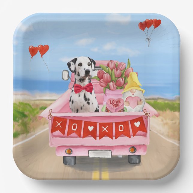 Dalmatian Dog Valentine's Day Truck Hearts Paper Plate (Front)