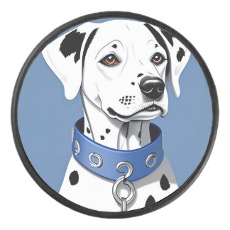 Dalmatian Dog Wearing a Blue Collar Hockey Puck