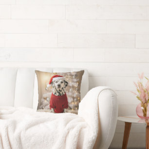 Dalmatian Dog Wearing a Red Christmas Sweater Cushion