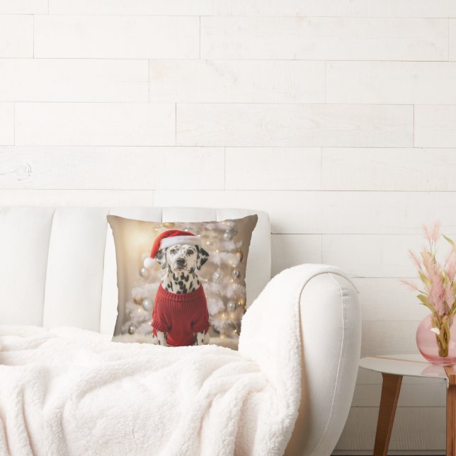 Dalmatian Dog Wearing a Red Christmas Sweater Cushion (Couch)