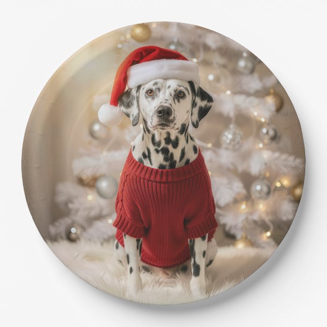 Dalmatian Dog Wearing a Red Christmas Sweater Paper Plate (Front)