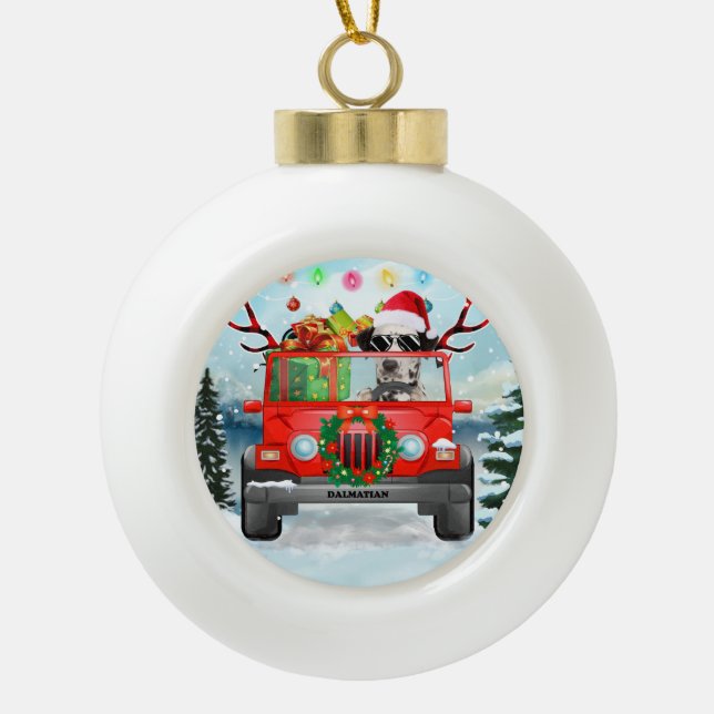 Dalmatian dog with Christmas gifts Ceramic Ball Christmas Ornament (Front)