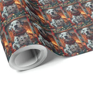 Dalmatian Dog With Christmas Gifts Fireplace Wrapping Paper