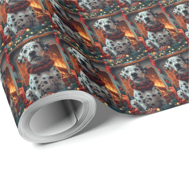 Dalmatian Dog With Christmas Gifts Fireplace Wrapping Paper (Roll Corner)