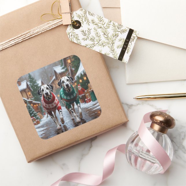 Dalmatian Dogs Christmas Snow Holiday  Square Sticker (Gifting)