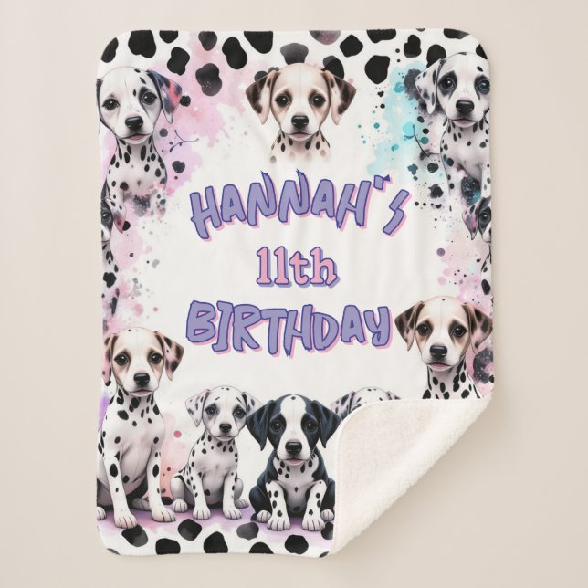 Dalmatian Dogs Purple Watercolor Birthday Party Sherpa Blanket (Front)