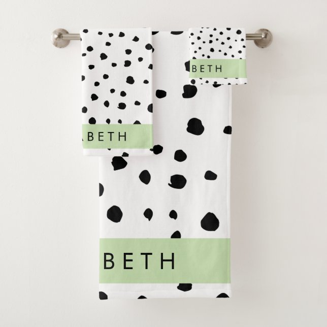 Dalmatian Dots, Spots, Black and White, Your Name Bath Towel Set (Insitu)