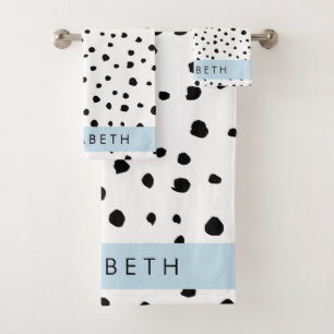 Dalmatian Dots, Spots, Black and White, Your Name Bath Towel Set