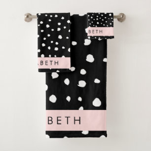 Dalmatian Dots, Spots, Black and White, Your Name Bath Towel Set