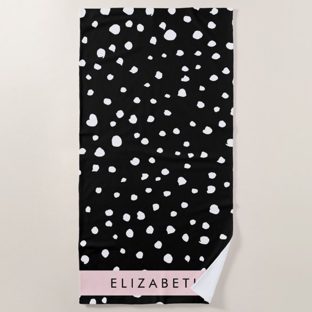 Dalmatian Dots, Spots, Black and White, Your Name Beach Towel (Front)