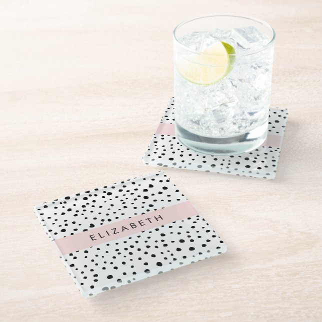 Dalmatian Dots, Spots, Black and White, Your Name Glass Coaster (Angled)