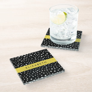 Dalmatian Dots, Spots, Black and White, Your Name Glass Coaster