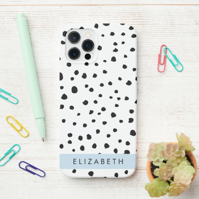 Dalmatian Dots, Spots, Black and White, Your Name iPhone Case (On Desk)