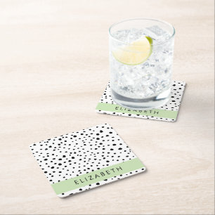 Dalmatian Dots, Spots, Black and White, Your Name Square Paper Coaster