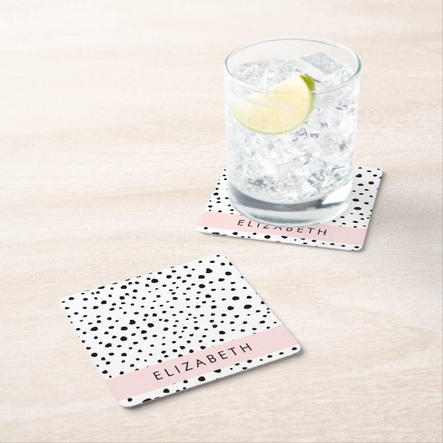 Dalmatian Dots, Spots, Black and White, Your Name Square Paper Coaster (Insitu)
