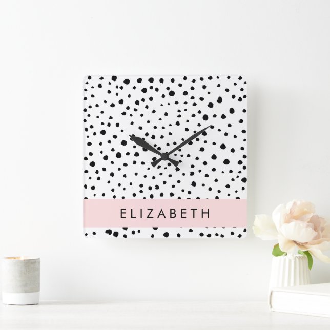 Dalmatian Dots, Spots, Black and White, Your Name Square Wall Clock (Home)