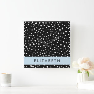 Dalmatian Dots, Spots, Black and White, Your Name Square Wall Clock