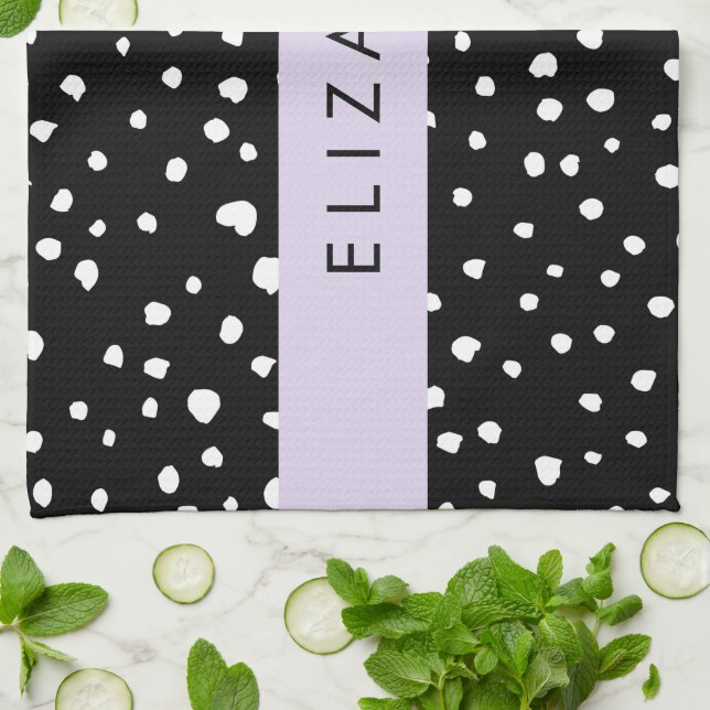 Dalmatian Dots, Spots, Black and White, Your Name Tea Towel (Folded)