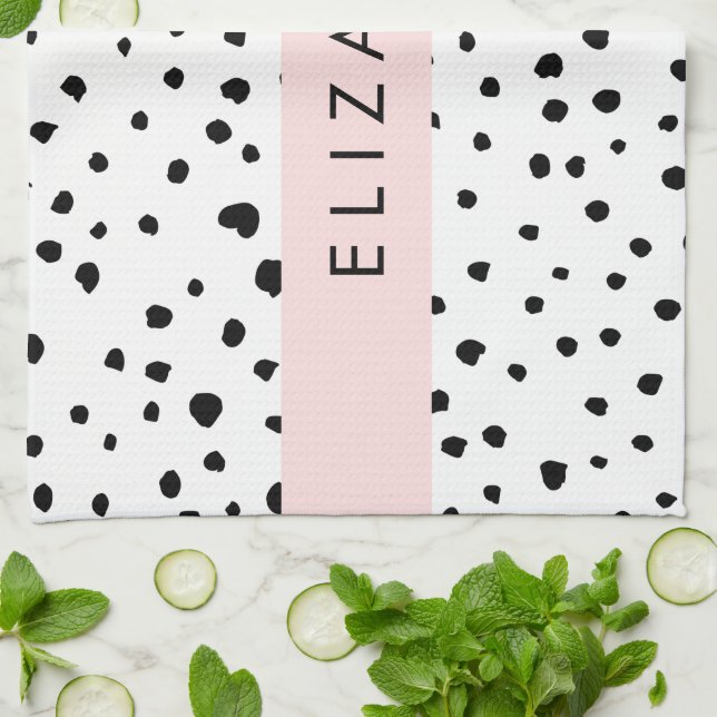 Dalmatian Dots, Spots, Black and White, Your Name Tea Towel (Folded)