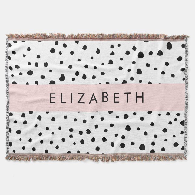 Dalmatian Dots, Spots, Black and White, Your Name Throw Blanket (Front)