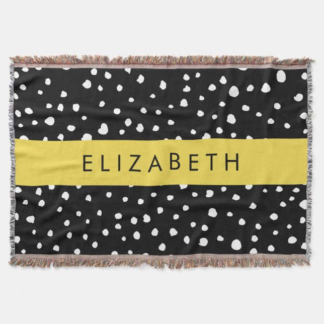 Dalmatian Dots, Spots, Black and White, Your Name Throw Blanket (Front)