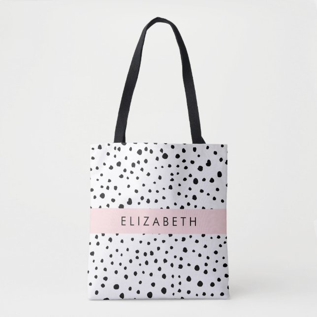 Dalmatian Dots, Spots, Black and White, Your Name Tote Bag (Front)