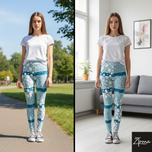 Dalmatian Dots with ocean blue broad lines  Leggings