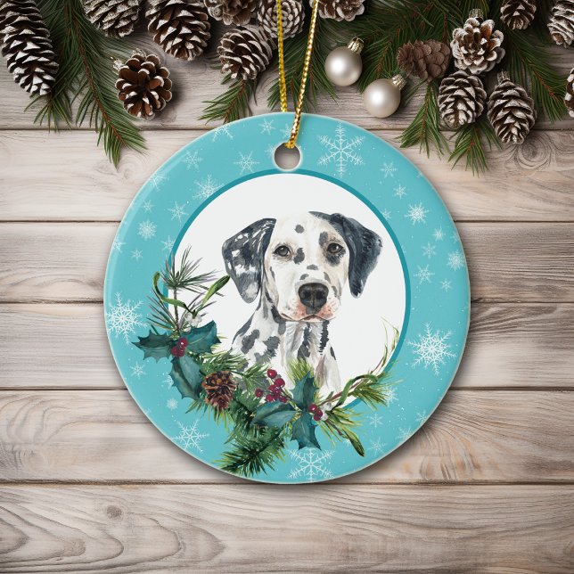 Dalmatian Evergreen Blue Snowflake Border Ceramic Ornament (Creator Uploaded)