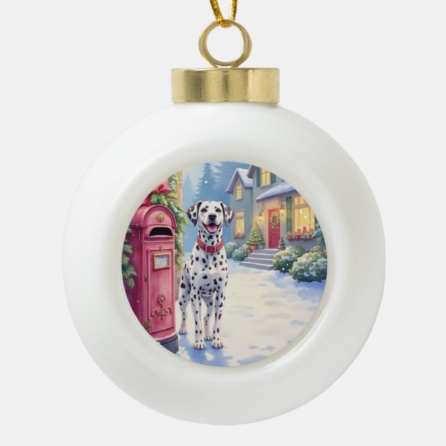 Dalmatian Festive Mailbox Christmas Art Ceramic Ball Christmas Ornament (Front)