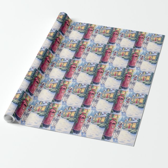 Dalmatian Festive Mailbox Christmas Art Wrapping Paper (Unrolled)