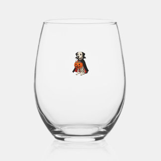 Dalmatian Halloween Vampire Dog with Pumpkin Baske Stemless Wine Glass