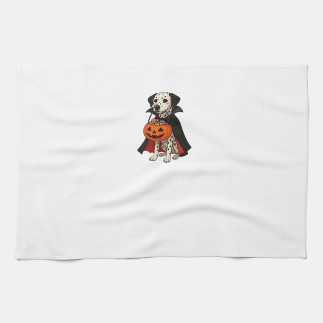 Dalmatian Halloween Vampire Dog with Pumpkin Baske Tea Towel (Horizontal)