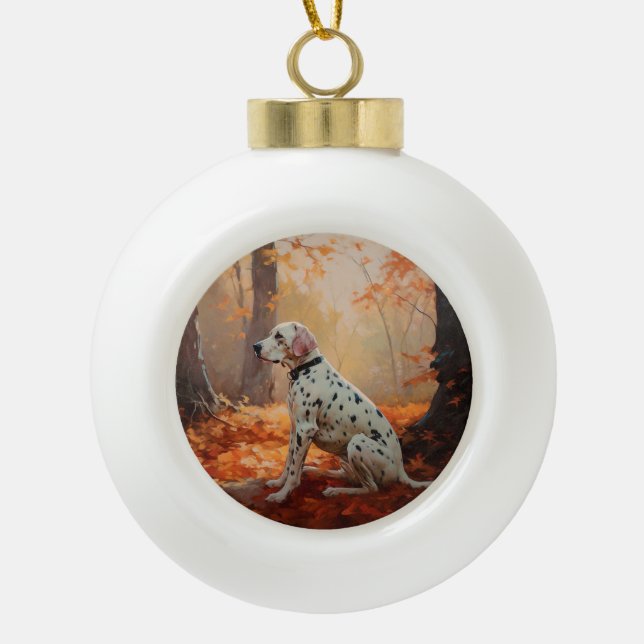 Dalmatian  in Autumn Leaves Fall Inspire  Ceramic Ball Christmas Ornament (Front)
