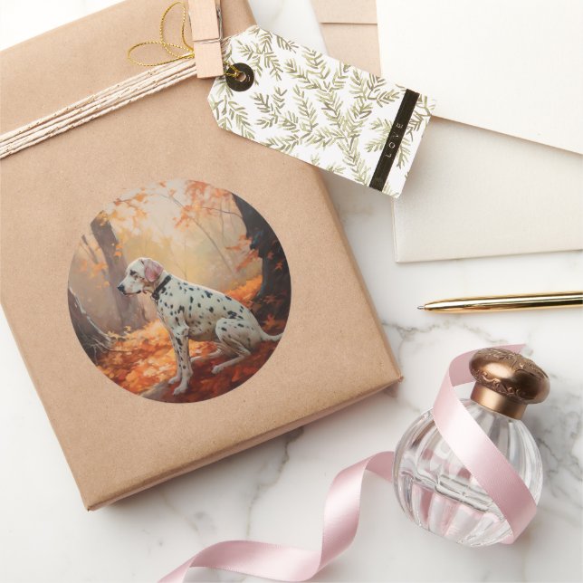 Dalmatian  in Autumn Leaves Fall Inspire  Classic Round Sticker (Gifting)
