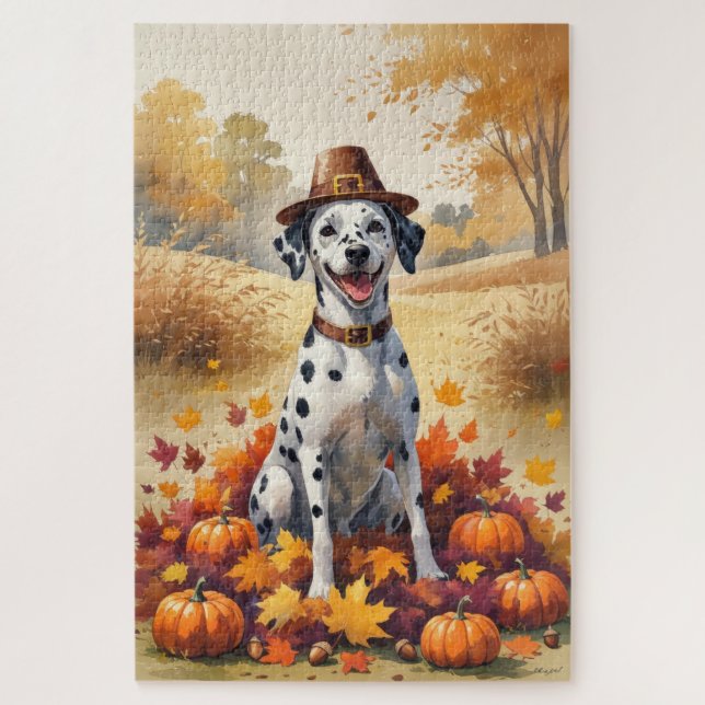 Dalmatian In Autumn Leaves Thanksgiving Art Jigsaw Puzzle (Vertical)