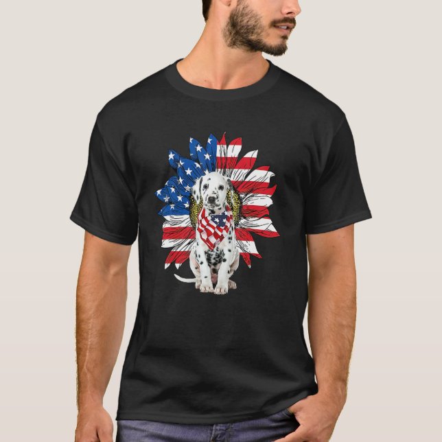 Dalmatian Patriot American Flag Sunflower Independ T-Shirt (Front)
